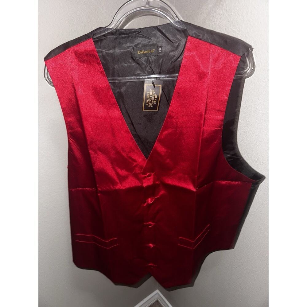 DiBanGu Red Black Satin Vest Men's Size XXL V-Neck Button Front New